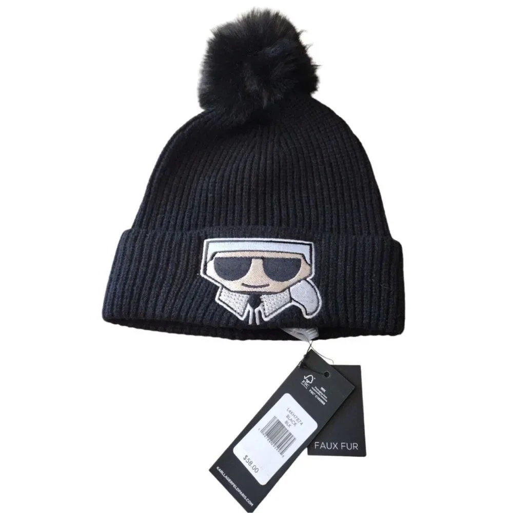 Karl Lagerfeld‎ Paris Beanie Women's One Size Black Knit Pom Rhinestone Logo